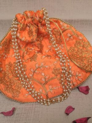 Rajasthani polti for ladies Style Royal Clutch Silk Batwa Bag | Wristlets Ethnic Potli for Women’s | Zari Work Potli | Bridal Potli | (Orange)