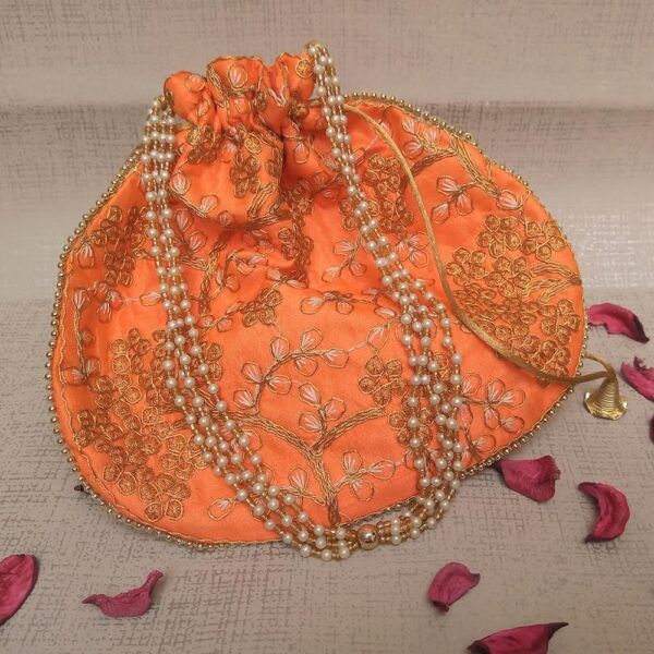 Rajasthani polti for ladies Style Royal Clutch Silk Batwa Bag | Wristlets Ethnic Potli for Women's | Zari Work Potli | Bridal Potli | (Orange)