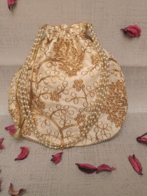 Rajasthani polti for ladies Style Royal Clutch Silk Batwa Bag | Wristlets Ethnic Potli for Women’s | Zari Work Potli | Bridal Potli | (Cream Colour)