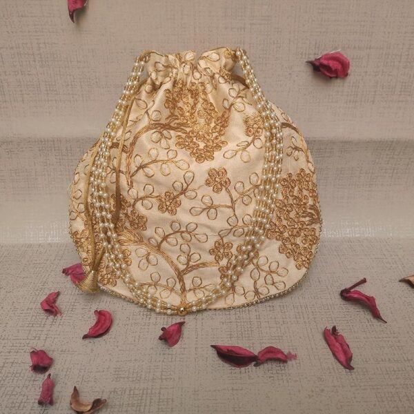 Rajasthani polti for ladies Style Royal Clutch Silk Batwa Bag | Wristlets Ethnic Potli for Women's | Zari Work Potli | Bridal Potli | (Cream Colour)