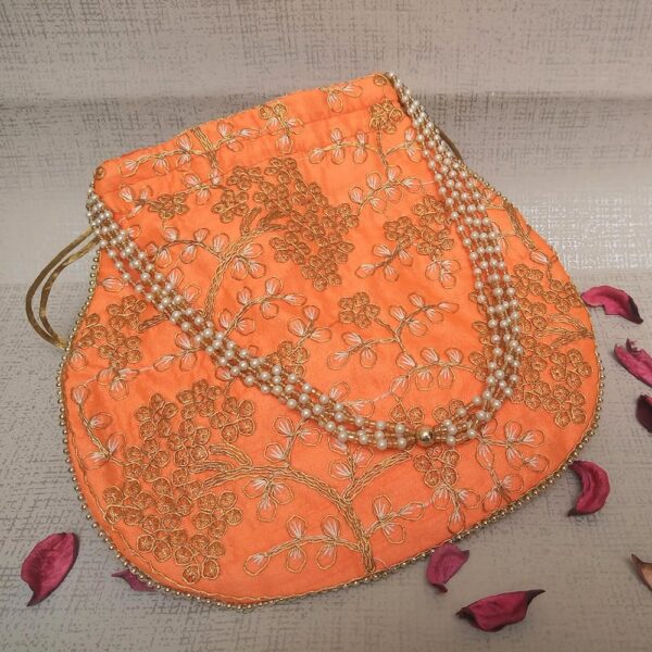 Rajasthani polti for ladies Style Royal Clutch Silk Batwa Bag | Wristlets Ethnic Potli for Women's | Zari Work Potli | Bridal Potli | (Orange) - Image 2