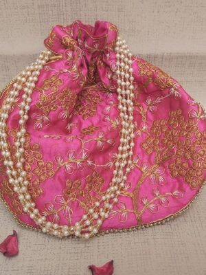 Rajasthani polti for ladies Style Royal Clutch Silk Batwa Bag | Wristlets Ethnic Potli for Women’s | Zari Work Potli | Bridal Potli | (Pink)