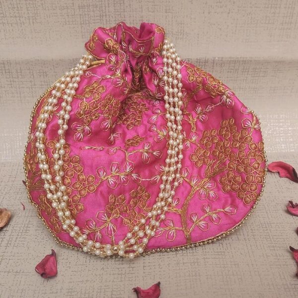 Rajasthani polti for ladies Style Royal Clutch Silk Batwa Bag | Wristlets Ethnic Potli for Women's | Zari Work Potli | Bridal Potli | (Pink)
