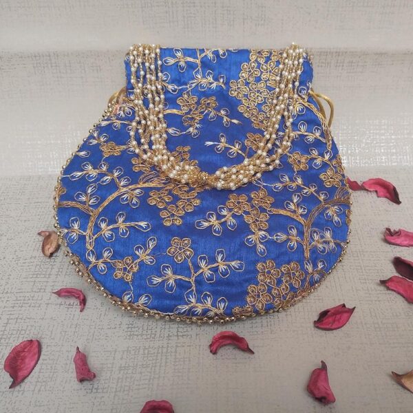Rajasthani polti for ladies Style Royal Clutch Silk Batwa Bag | Wristlets Ethnic Potli for Women's | Zari Work Potli | Bridal Potli | (Blue) - Image 2