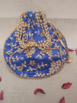 Rajasthani polti for ladies Style Royal Clutch Silk Batwa Bag | Wristlets Ethnic Potli for Women’s | Zari Work Potli | Bridal Potli | (Blue)