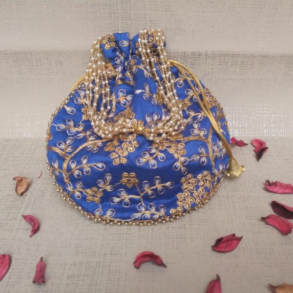 Rajasthani polti for ladies Style Royal Clutch Silk Batwa Bag | Wristlets Ethnic Potli for Women's | Zari Work Potli | Bridal Potli | (Blue)