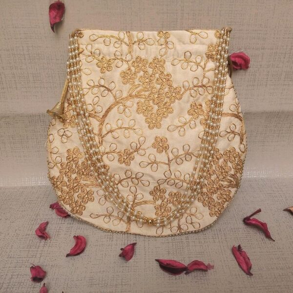 Rajasthani polti for ladies Style Royal Clutch Silk Batwa Bag | Wristlets Ethnic Potli for Women's | Zari Work Potli | Bridal Potli | (Cream Colour) - Image 2
