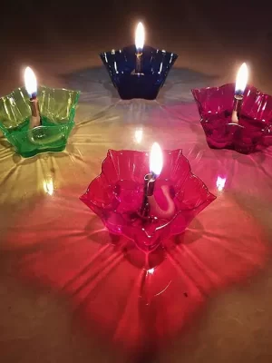 Flower Shape Multicolor Reflection Plastic Diya / Panti Set of 12