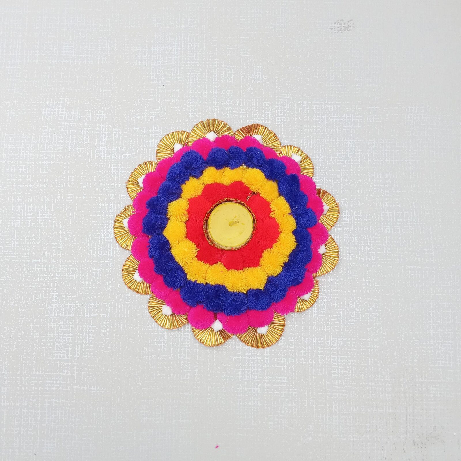 Pom Pom Rangoli for Diwali Decoration with Tea Light Diyas for Festival Decoration Diwali Puja