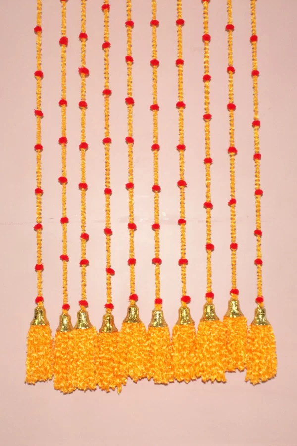 Bright Orange Wool Latkans for Home Decor Front Door Diwali Wedding, Pom-Pom Hangings with Silver Ghanti - Image 3