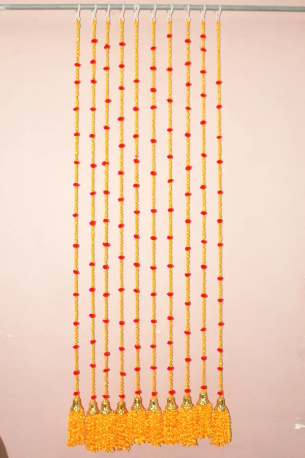 Bright Orange Wool Latkans for Home Decor Front Door Diwali Wedding, Pom-Pom Hangings with Silver Ghanti