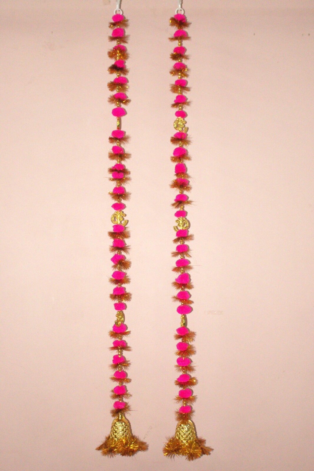 Pink Color PomPom Door Hanging / Wall hangings / Latkans for Decoration Approx 5 ft- Pack of 2 Strings with Golden Hanging Bells