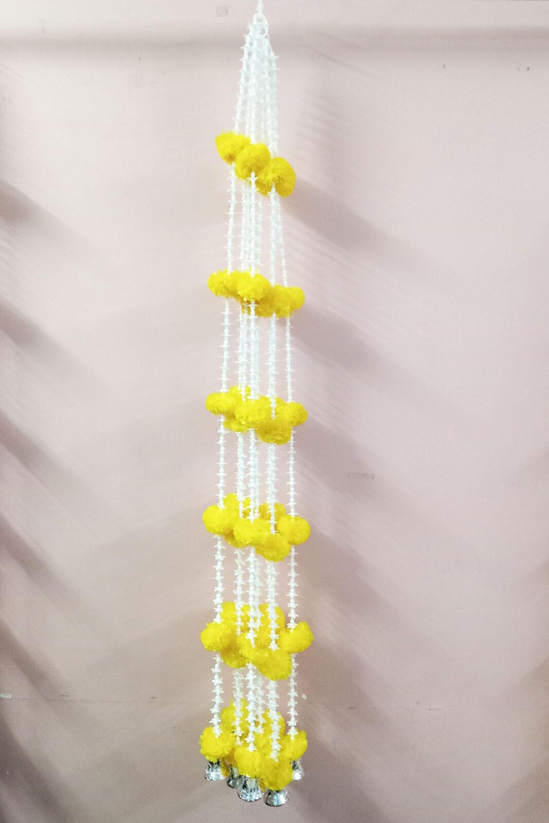 Yellow Color Plastic Flower Door Hanging / Wall hangings / Latkans for Decoration Approx 5 ft- Pack of 10 Strings with Silver Bells