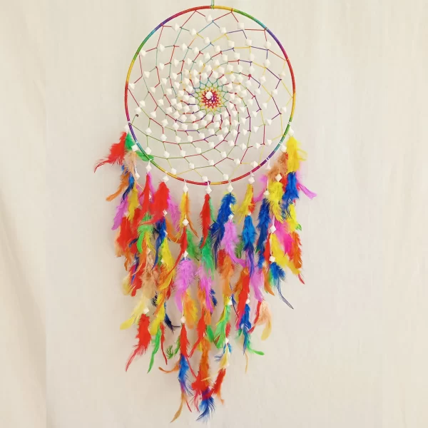 Beautifull Multicolour Dream Catcher For Wall Hangings, Home Decor, Handmade for Bedroom, Balcony Decorative with Feathers and Golden Beads - Image 2
