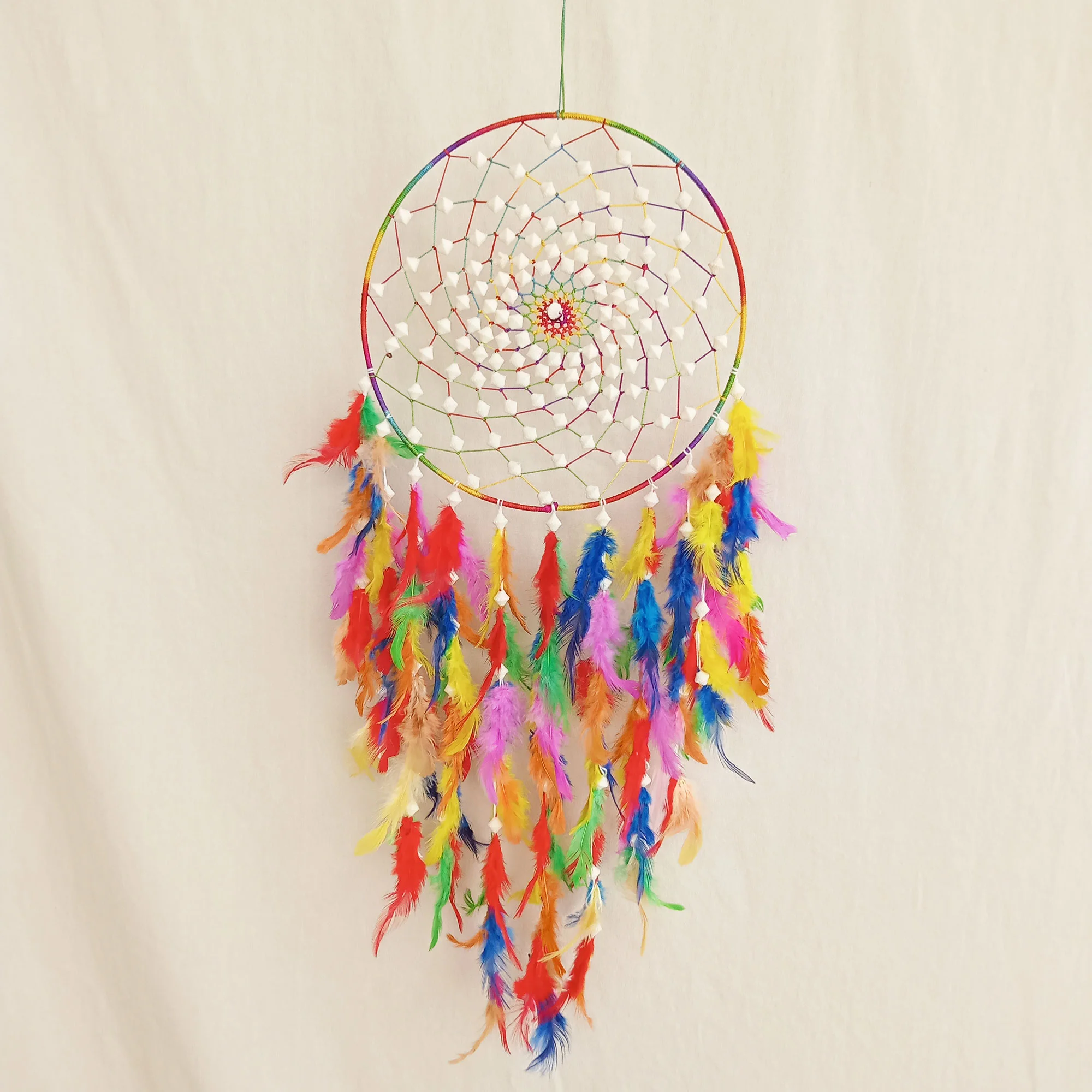 Beautifull Multicolour Dream Catcher For Wall Hangings, Home Decor, Handmade for Bedroom, Balcony Decorative with Feathers and Golden Beads