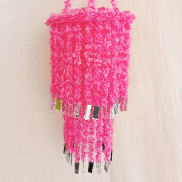 Pink Woolen Soft Hanging Jhumar, Diwali Jhumar, Wool Jhumar with Mirror - Image 2