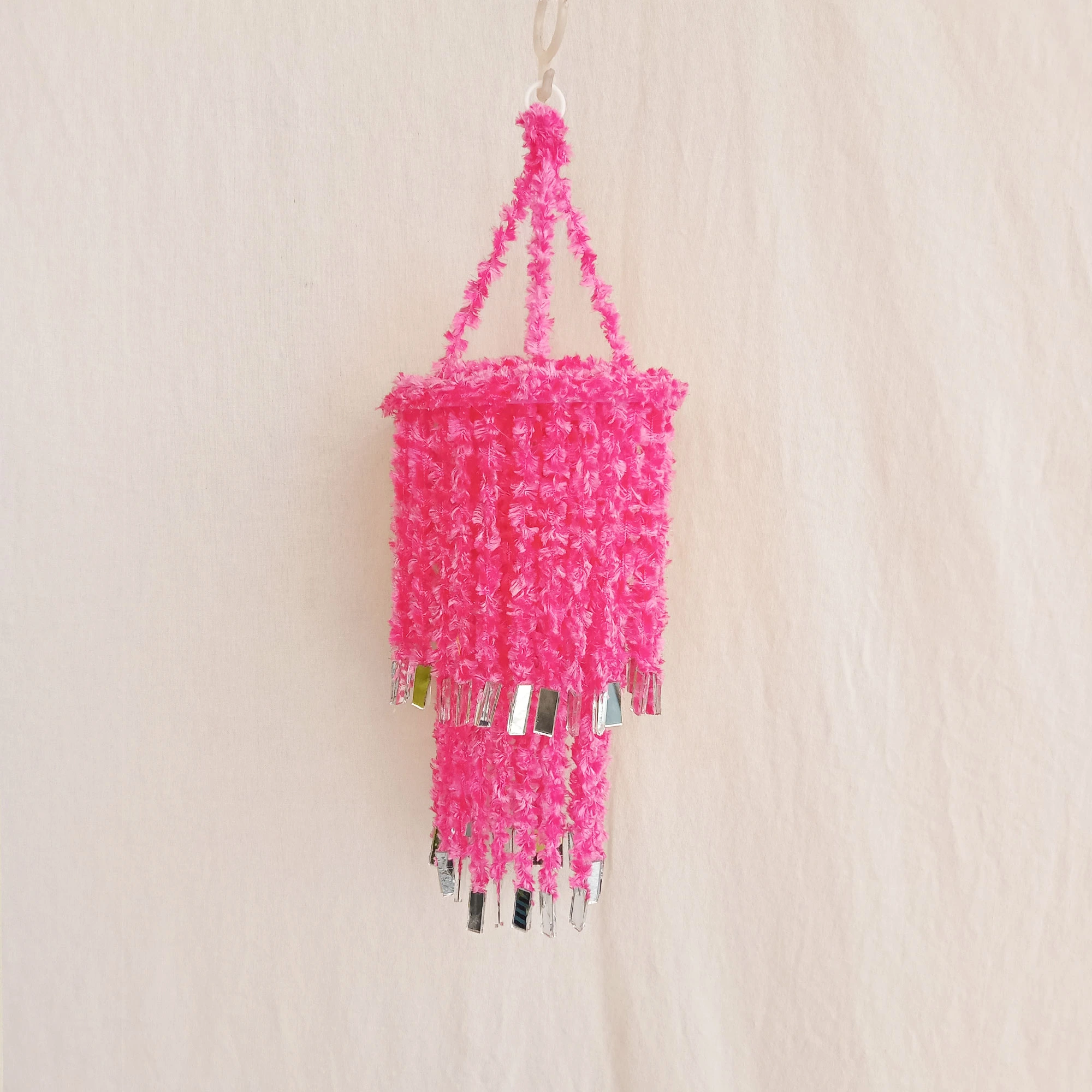 Pink Woolen Soft Hanging Jhumar, Diwali Jhumar, Wool Jhumar with Mirror