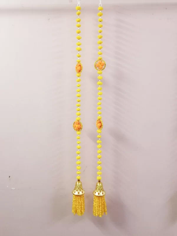 Yellow PomPom Door Hanging For Diwali Decoration / Wall Hangings / Latkans for Decoration Approx 5 ft- Pack of 2 Strings with Golden Hanging Bells