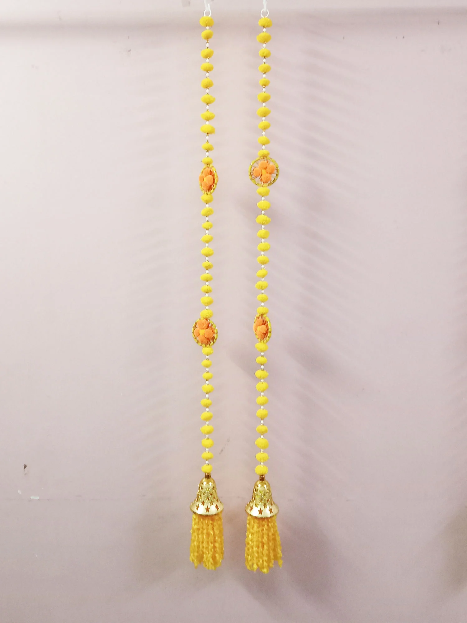 Yellow PomPom Door Hanging For Diwali Decoration / Wall Hangings / Latkans for Decoration Approx 5 ft- Pack of 2 Strings with Golden Hanging Bells