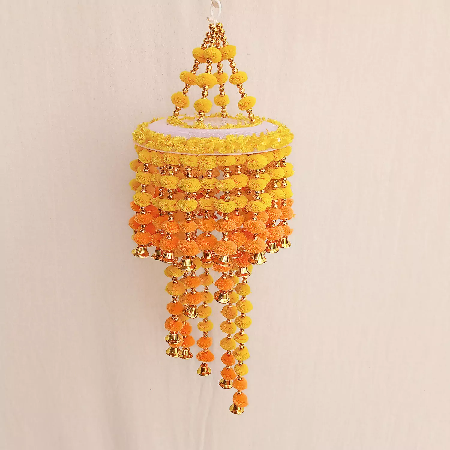 Beautiful Yellow & Orange Pompom Three layer Jhumar for Diwali Decor