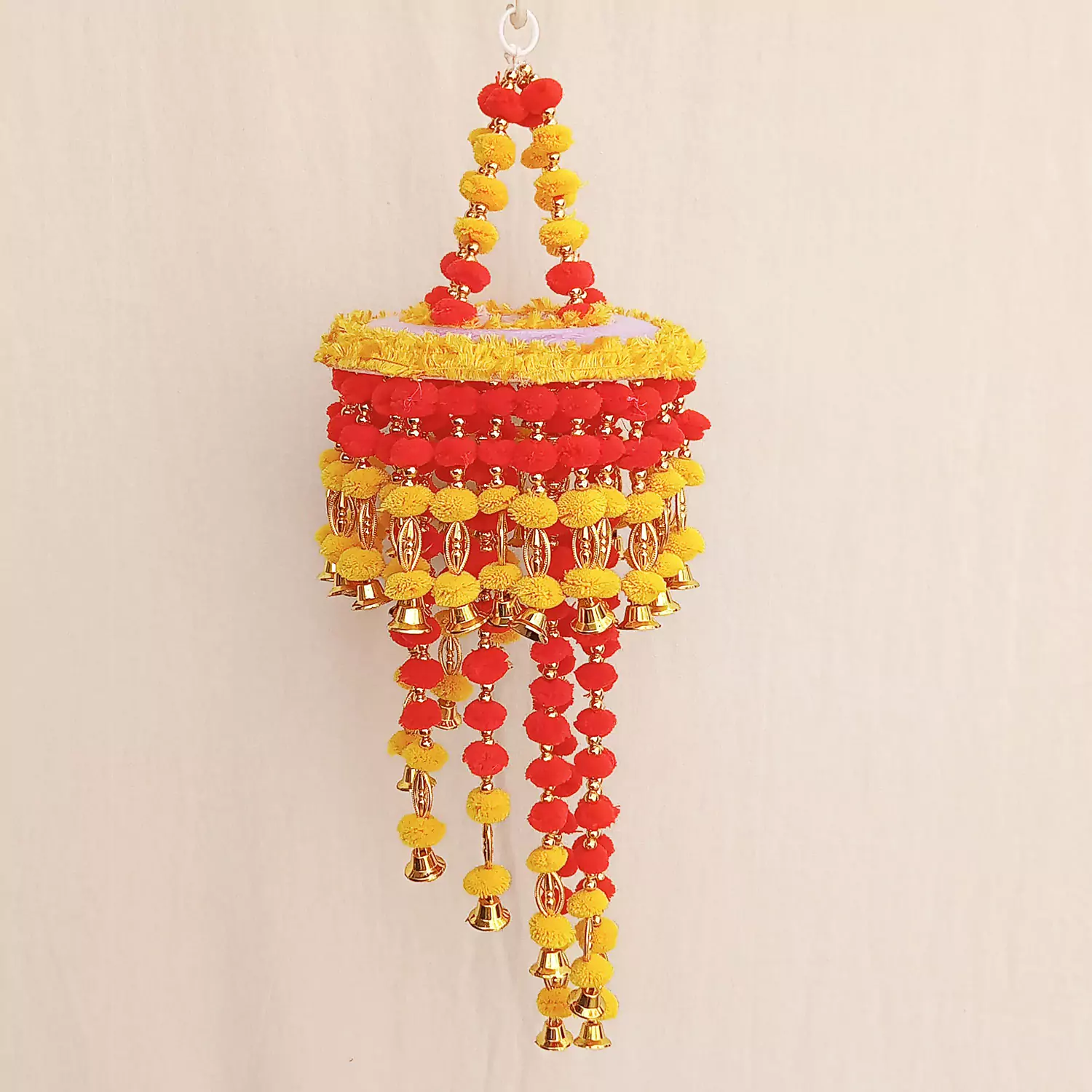 Beautiful Yellow & Red Pompom Three layer Jhumar for Diwali Decor