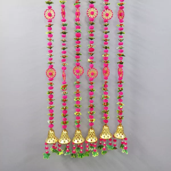 Beautiful Handmade Pink Pom Pom Latkan for Home Decor Front Door Diwali Wedding, with Golden Ghanti - Image 2