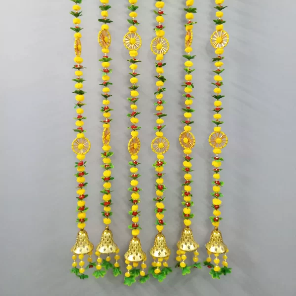 Bright Yellow Pom Pom Latkans for Home Decor Front Door Diwali Wedding, with Golden Ghanti - Image 2