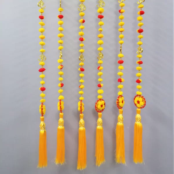 Yellow Red PomPom Door Hanging For Diwali Decoration Latkans for Decoration Approx 5 ft- Pack of 2 Strings with Golden Resham - Image 2