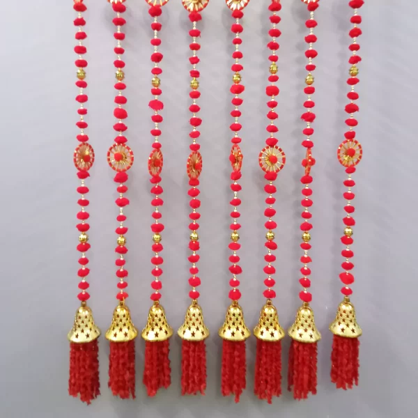 Red PomPom Door Hanging For Diwali Decoration Latkans for Decoration Approx 5 ft- Pack of 2 Strings with Golden Hanging Bells - Image 2