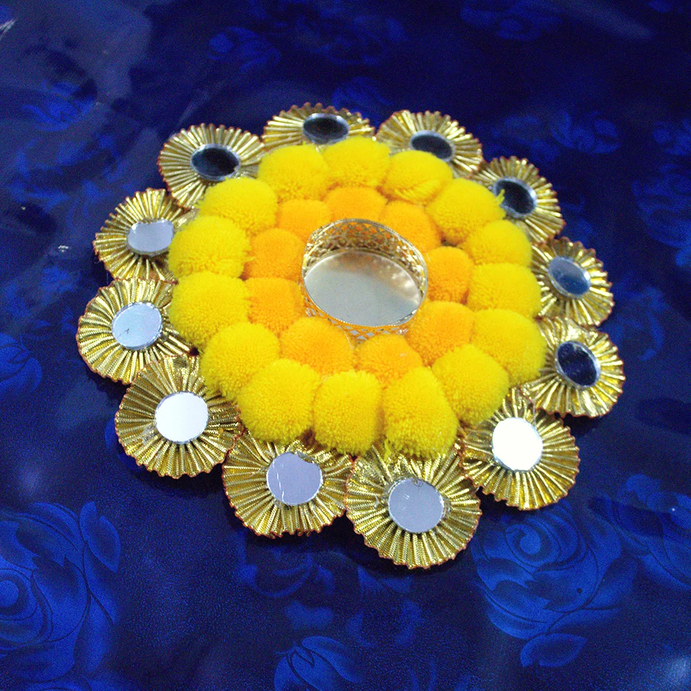 yellow-orange-pom-pom-diya-mat-with-mirror-work