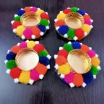 Multicolor Pom-Pom Decorative Tealight Candle Holders – Set of 4