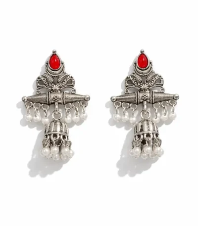 silver-tribal-jhumka-earrings-with-red-pearl-tassels