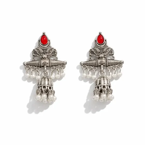 silver-tribal-jhumka-earrings-with-red-pearl-tassels